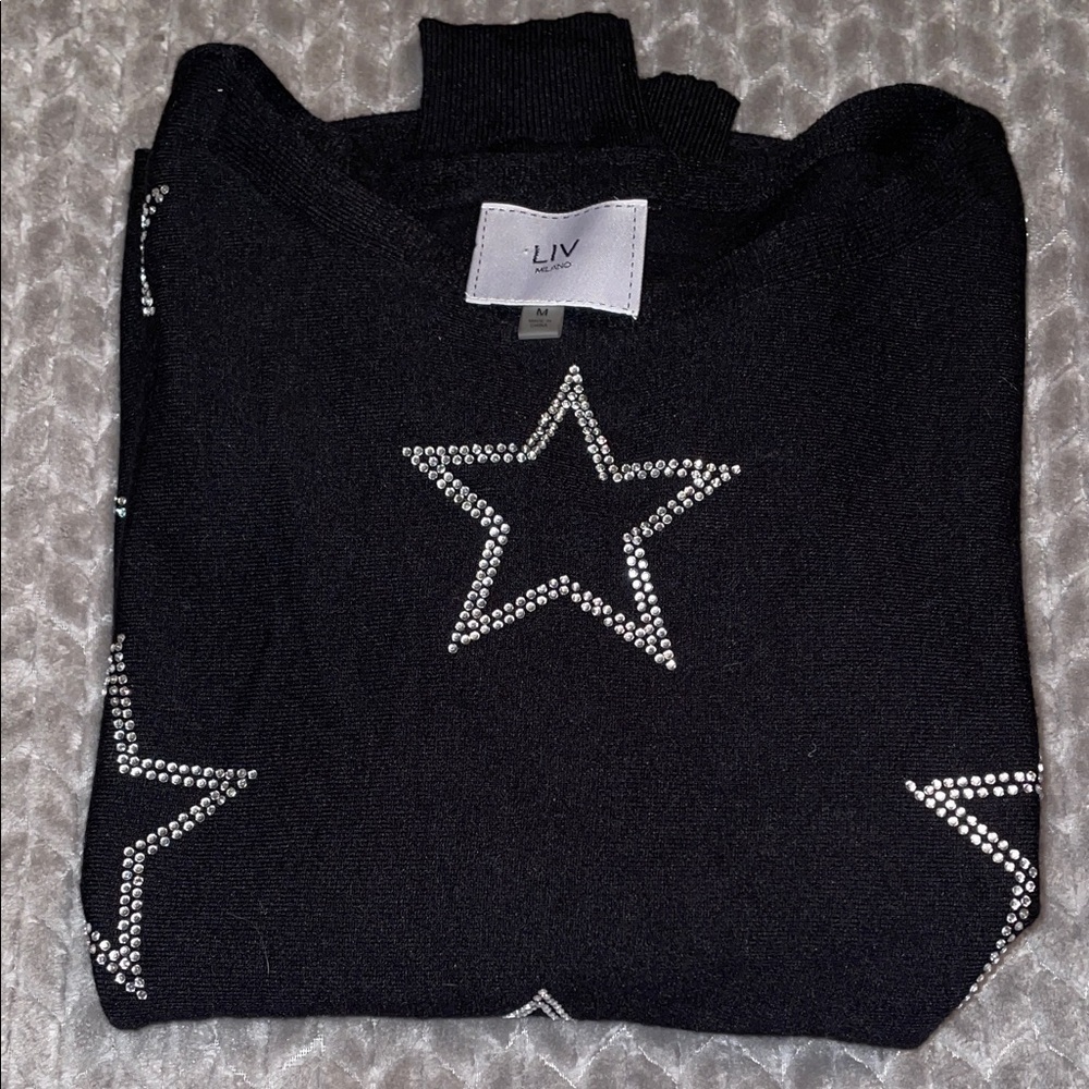 Liv Milano Black Sweater with Silver Star Embellished Crew Neck. Size‎ Medium